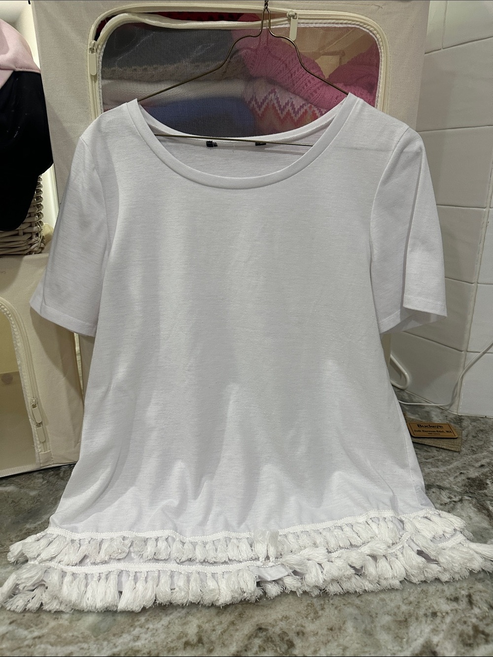 Women’s White Short-Sleeve Fringe Hem Tee